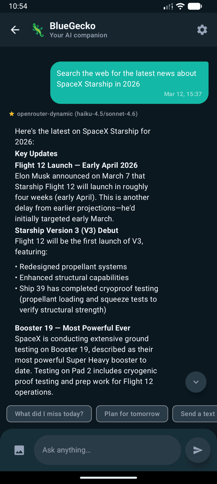 BlueGecko AI chat showing a real conversation
